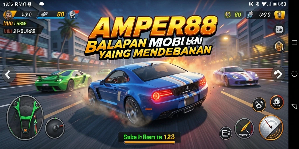 Tampilan gameplay seru AMPER88 saat balapan dengan mobil.