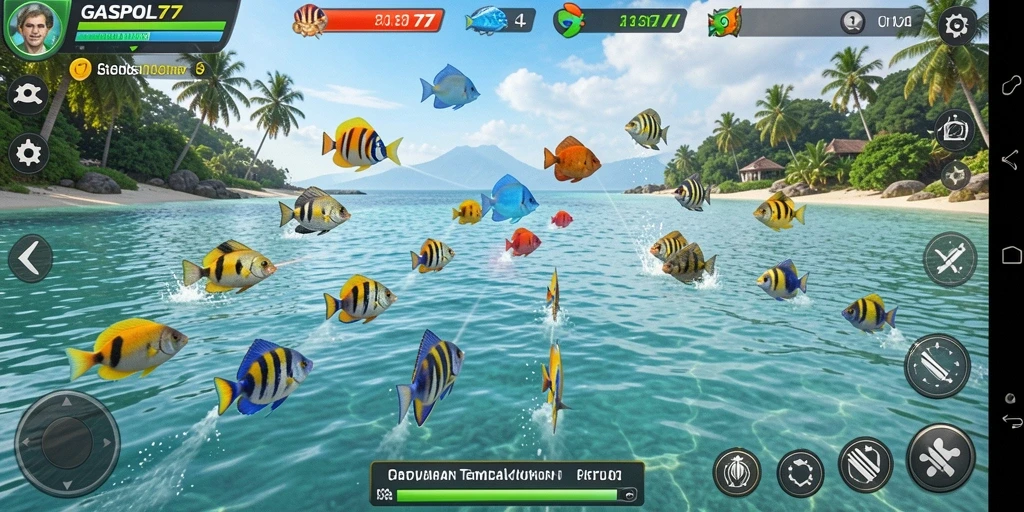 Screenshot permainan GASPOL77 menampilkan pemain menangkap ikan berwarna-warni.